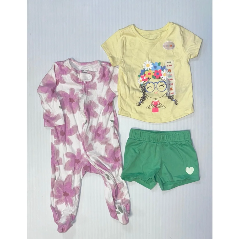 Lot of 3 Baby Girl Garanimals Carter's Set 3-6 Months Yellow Pink Green Bundle